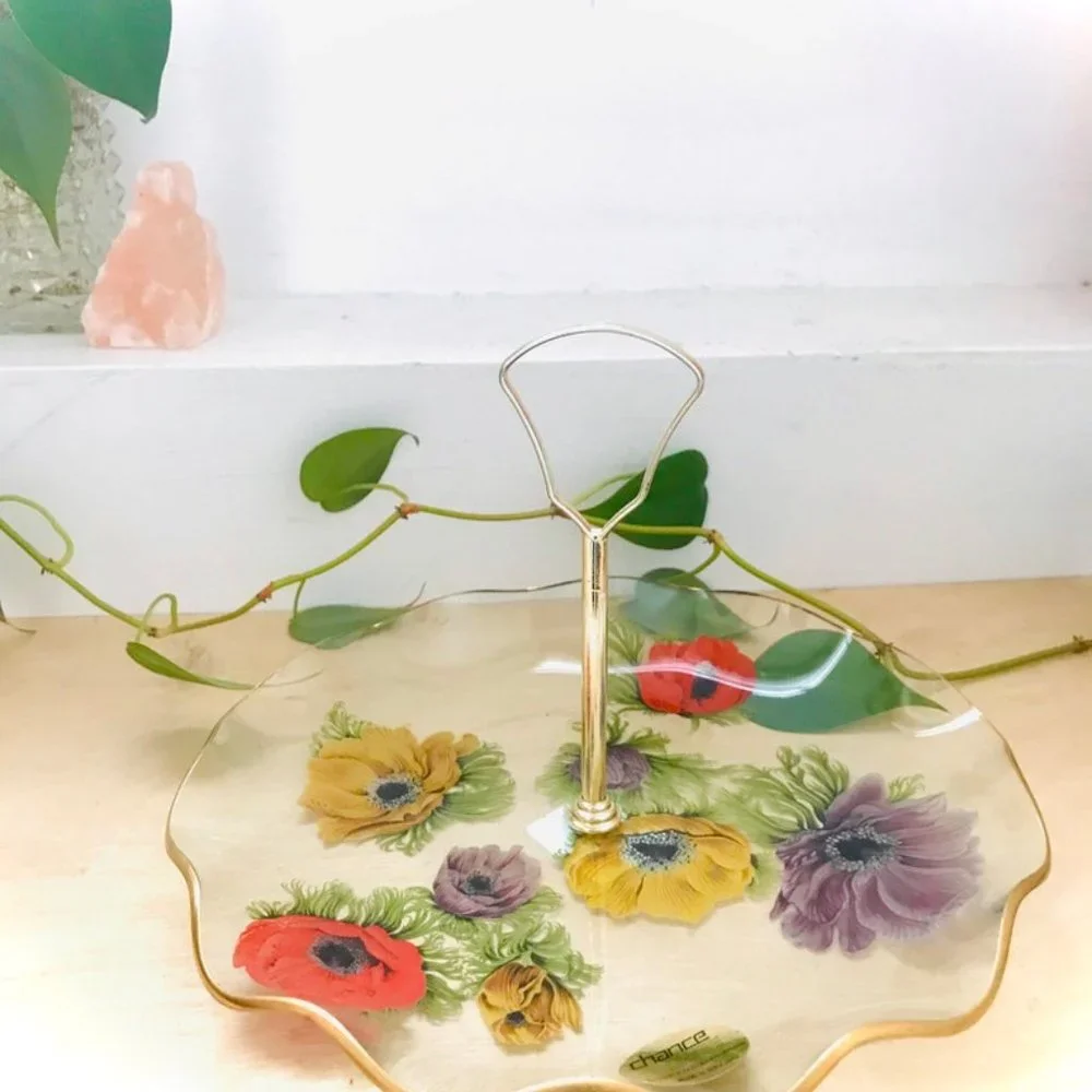 Chance Glass Dessert Plate Dish - 1960s - Anemone Made in England Poppies - Picture 3 of 8